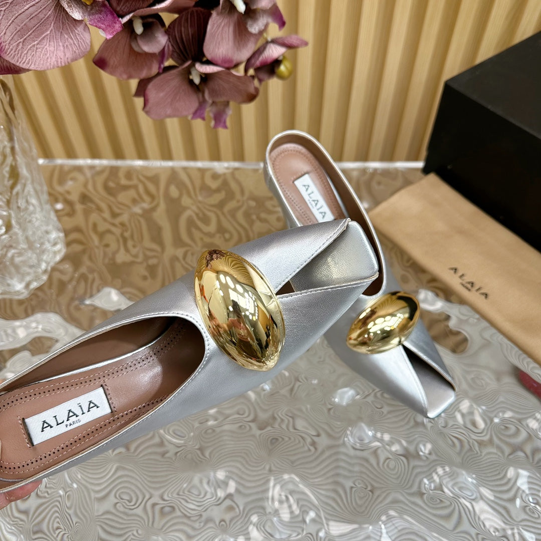 ALAIA AZZEDINE HIGH HEELS IN SILVER CALFSKIN WITH GOLD HARDWARE