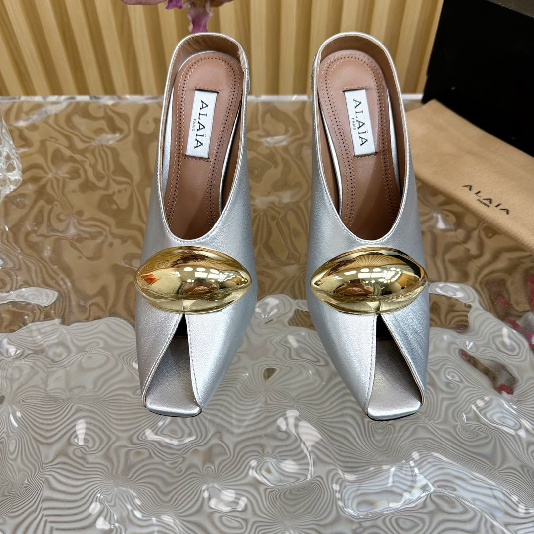ALAIA AZZEDINE HIGH HEELS IN SILVER CALFSKIN WITH GOLD HARDWARE