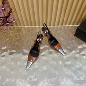 YSL 25S HIGH-HEEL SLINGBACKS 85 MM IN REDWOOD BROWN LAMBSKIN AND SILVER HARDWARE