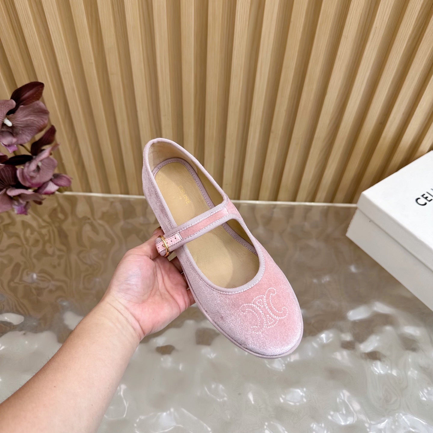 CELINE 26S MARY JANE FLATS IN PINK VELVET