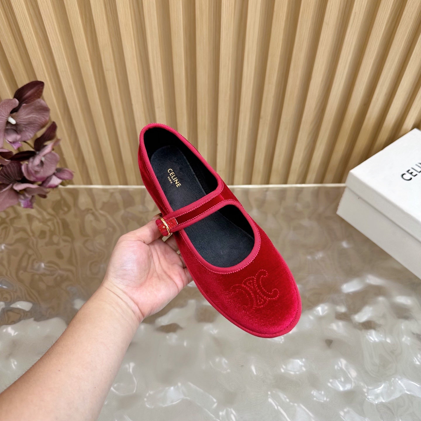 CELINE 26S MARY JANE FLATS IN RED VELVET