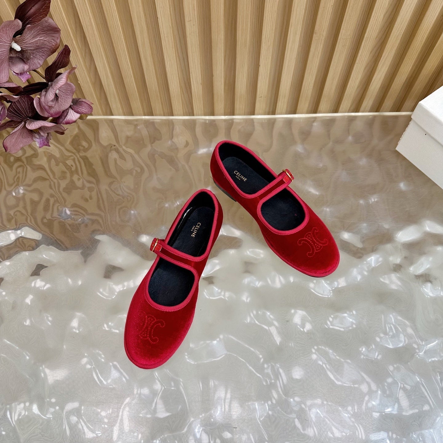 CELINE 26S MARY JANE FLATS IN RED VELVET