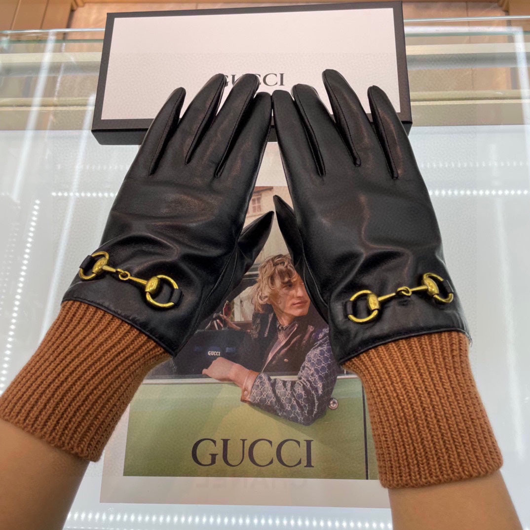 HORSEBIT GLOVES IN BLACK LAMBSKIN MIX GINGERBREAD BROWN WOOL 465052