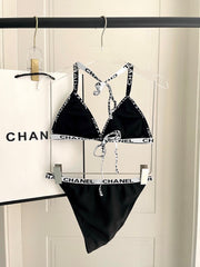 CC BIKINI SWIMSUIT SET IN BLACK WITH WHITE TRIM 627832