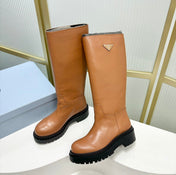 KNEE BOOTS WITH TRIANGLE LOGO IN CAMEL CALFSKIN