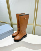 KNEE BOOTS WITH TRIANGLE LOGO IN CAMEL CALFSKIN