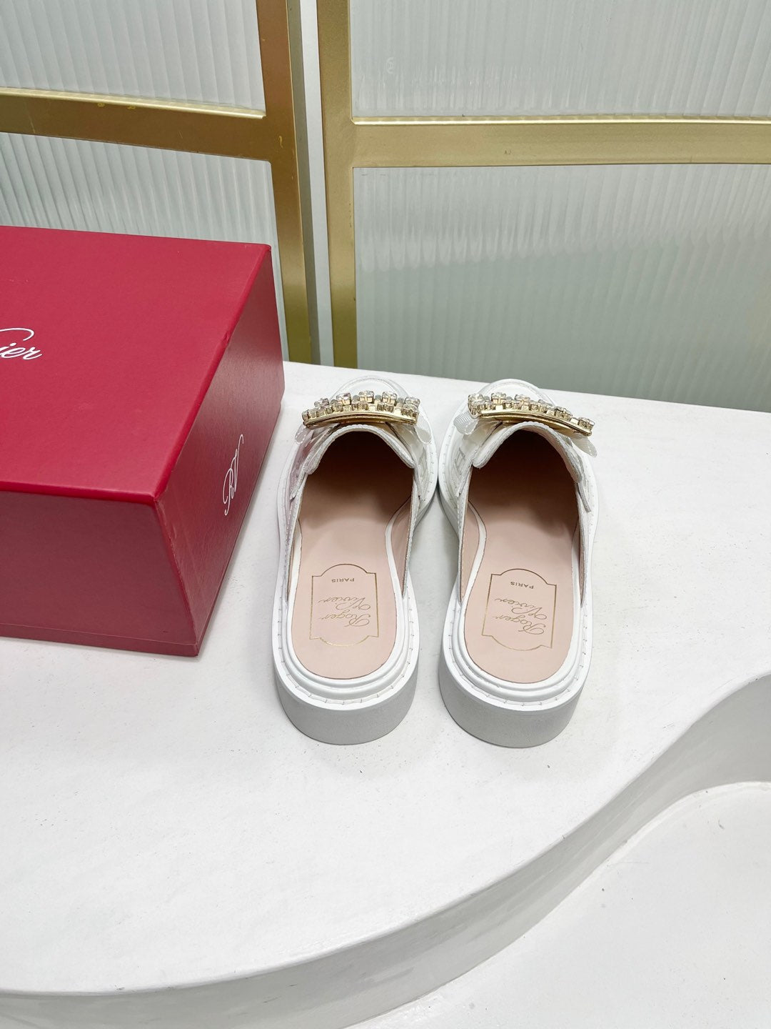 VIV' RANGERS MULES IN WHITE CALFSKIN CRYSTAL BUCKLE