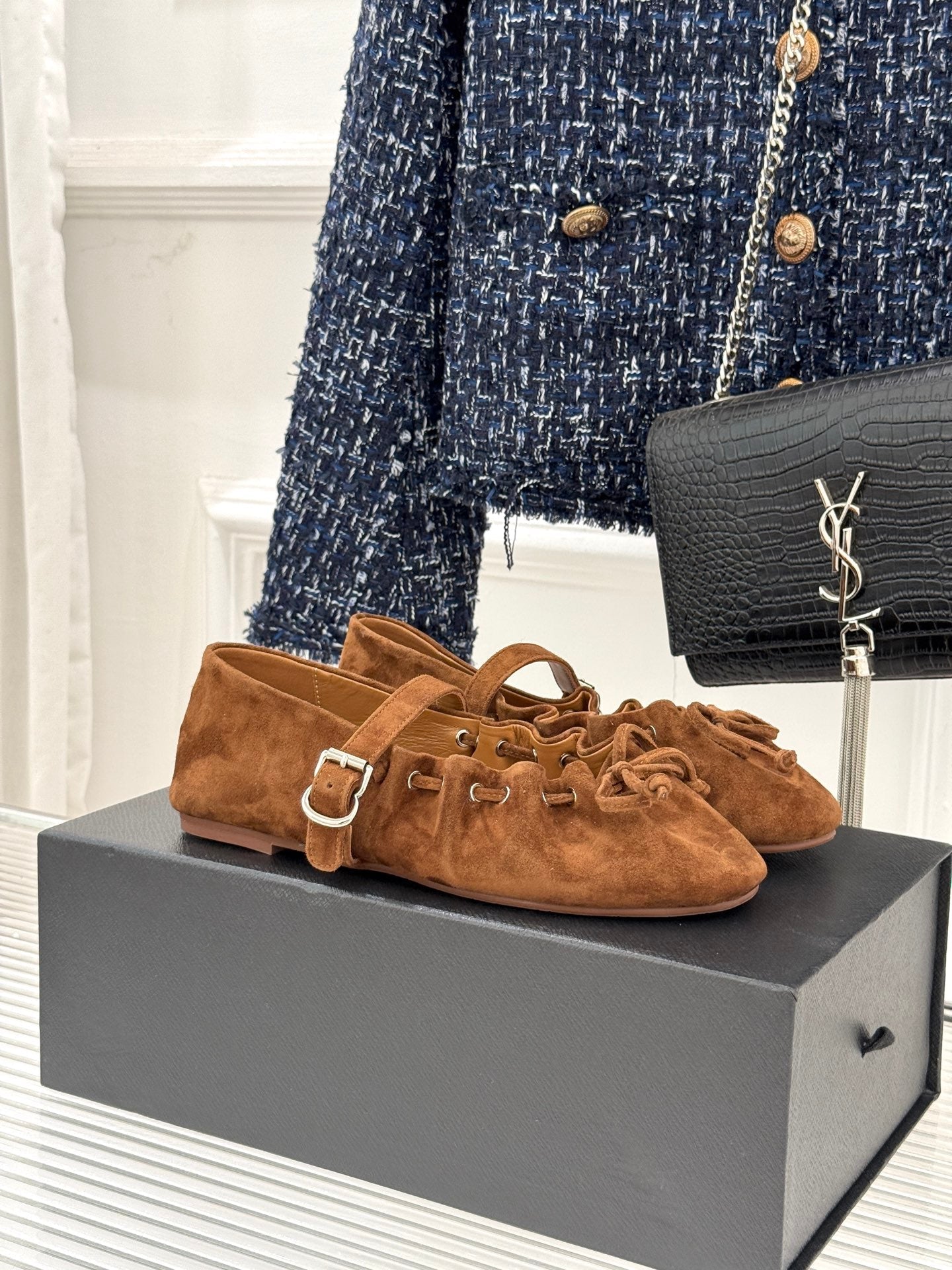 ALAIA 26S MARY JANE FLATS IN BROWN SUEDE WITH BOW