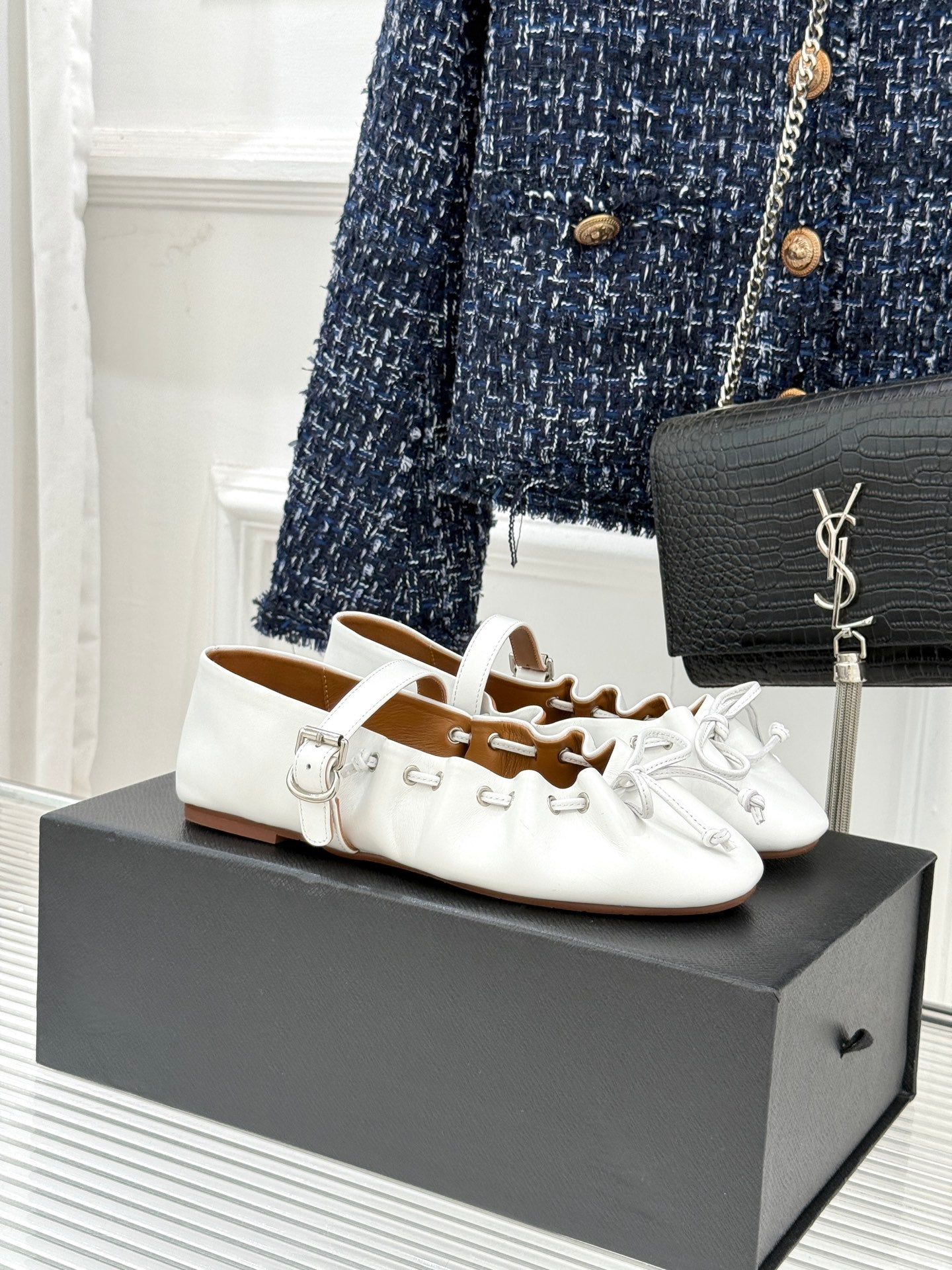 ALAIA 26S MARY JANE FLATS IN WHITE LAMBSKIN WITH BOW