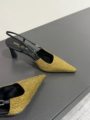 HIGH SLINGBACKS POINTED-TOE IN METALLIC GOLD LAMBSKIN WITH CRYSTALS