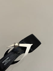 BALENCIAGA 25S HIGH-HEELED FLIP-FLOPS IN WHITE MIX BLACK CALFSKIN WITH SILVER HARDWARE