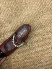 CHANEL 26S MARY JANE PEARL STRAP FLATS IN BURGUNDY RED CALFSKIN