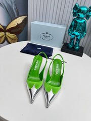 HIGH SLING BACK PUMPS IN SILVER MIX LIME GREEN SATIN