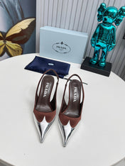 HIGH SLING BACK PUMPS IN SILVER MIX CHOCOLATE SATIN