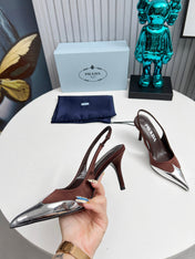 HIGH SLING BACK PUMPS IN SILVER MIX CHOCOLATE SATIN