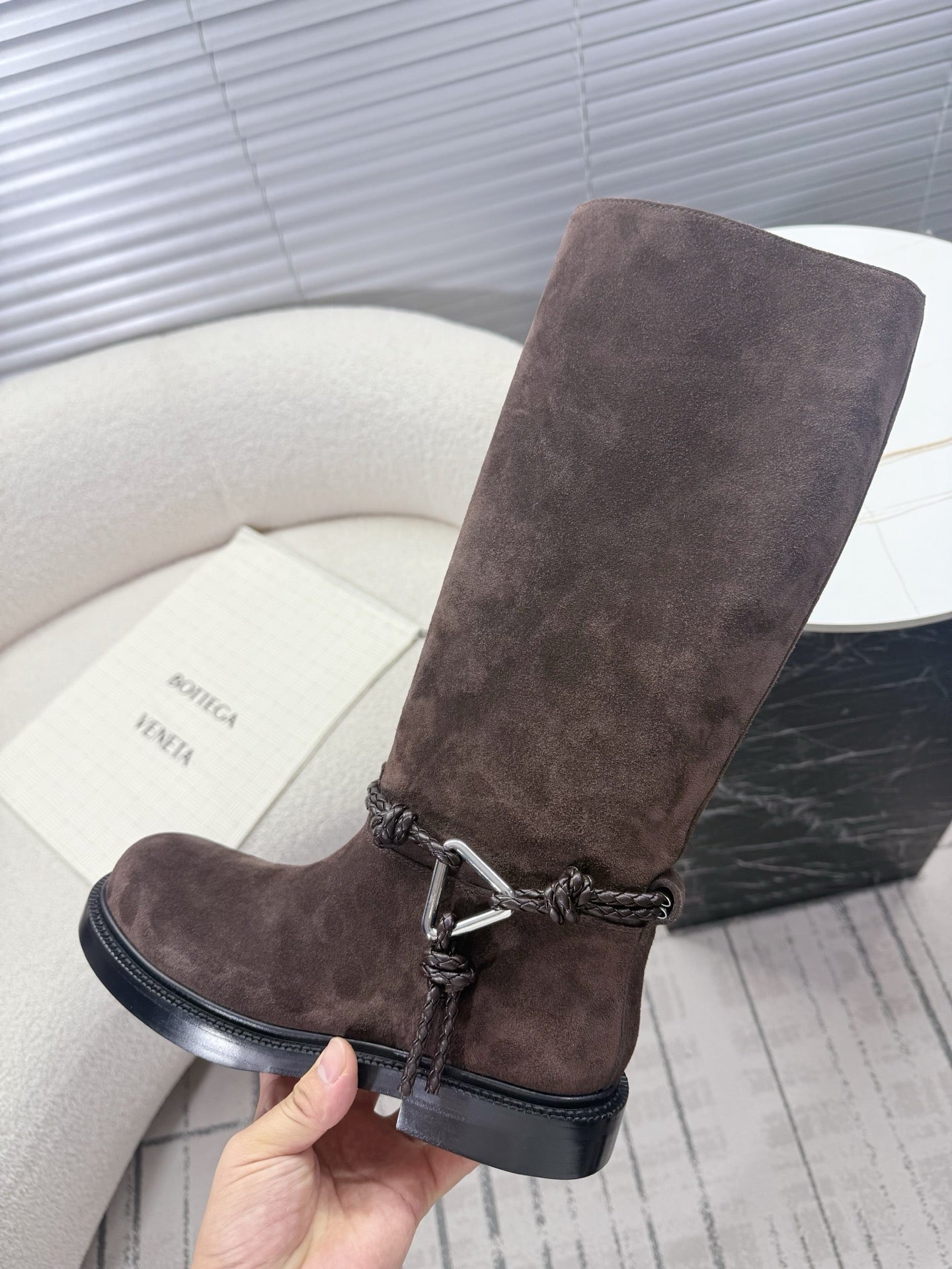 BOTTEGA VENETA 26S TALL BOOTS IN DARK BROWN SUEDE WITH ROPE DETAIL
