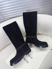 BOTTEGA VENETA 26S TALL BOOTS IN BLACK SUEDE WITH ROPE DETAIL