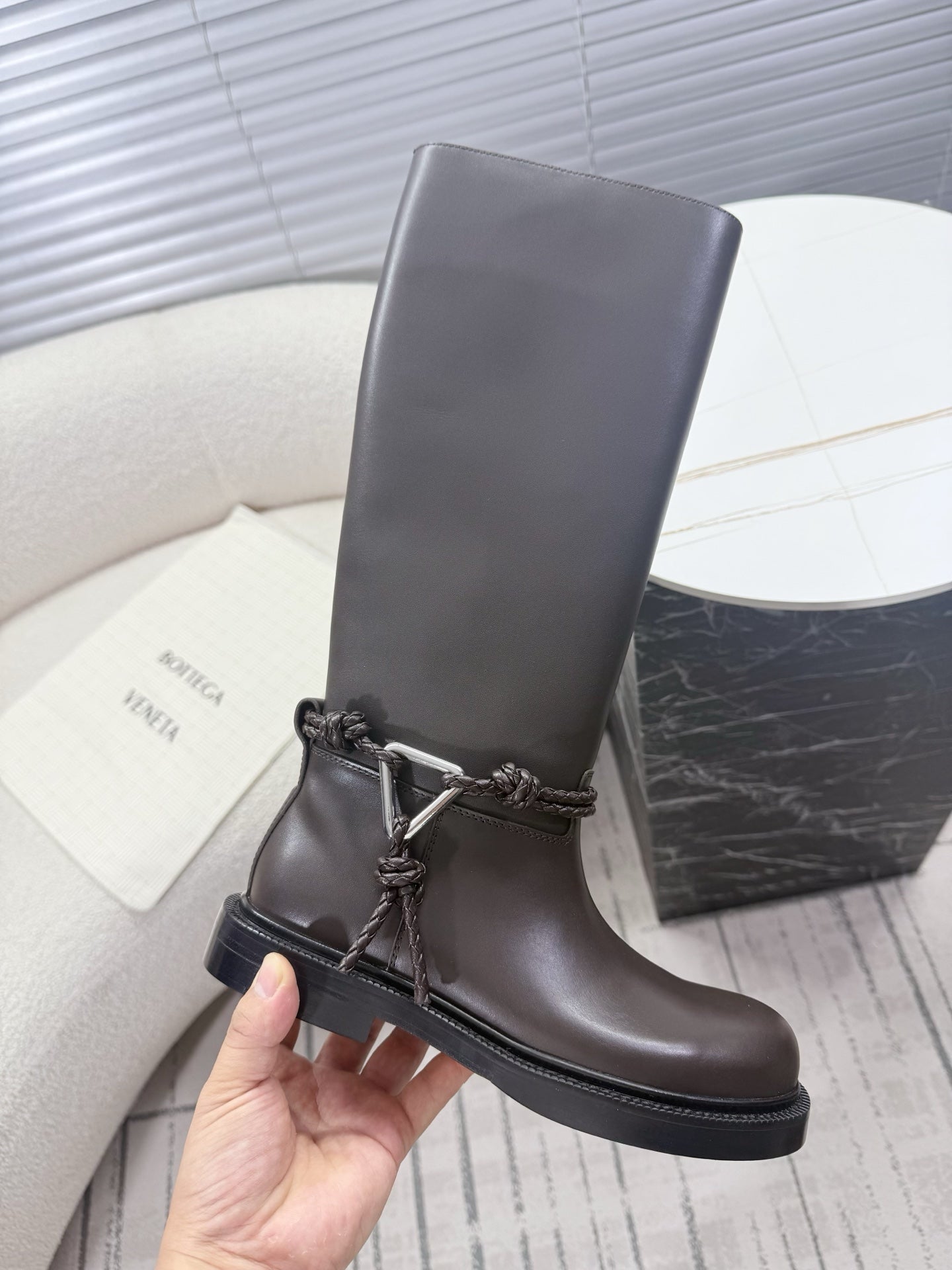BOTTEGA VENETA 26S TALL BOOTS IN DARK BROWN CALFSKIN WITH ROPE DETAIL