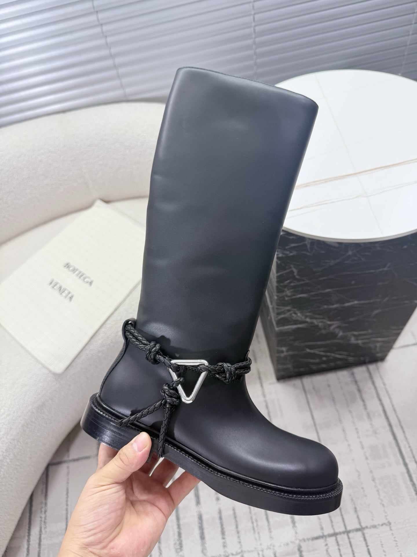 BOTTEGA VENETA 26S TALL BOOTS IN BLACK CALFSKIN WITH ROPE DETAIL