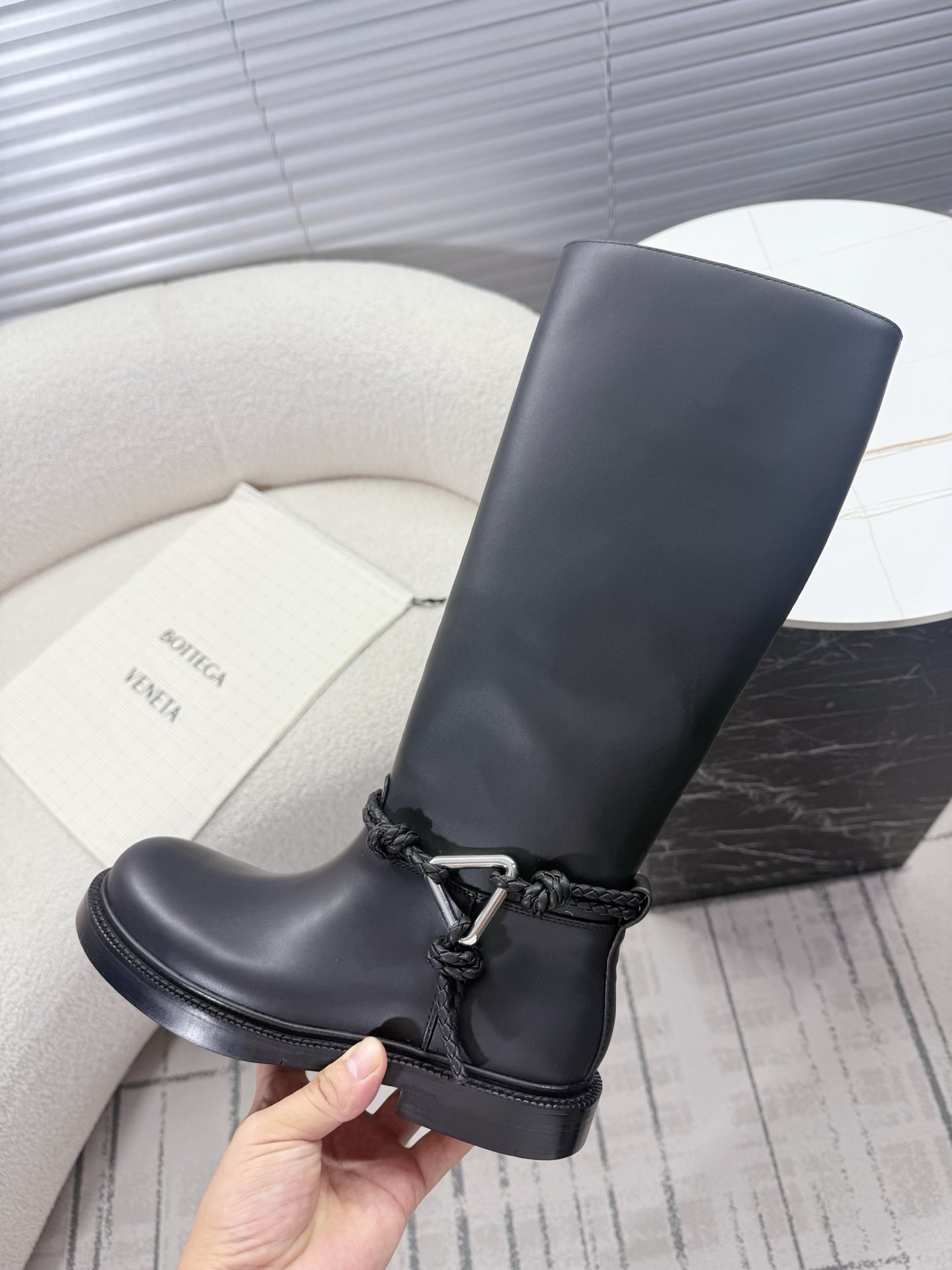 BOTTEGA VENETA 26S TALL BOOTS IN BLACK CALFSKIN WITH ROPE DETAIL
