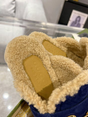 HORSEBIT MULE IN ROYAL BLUE SUEDE AND FLEECE LINING
