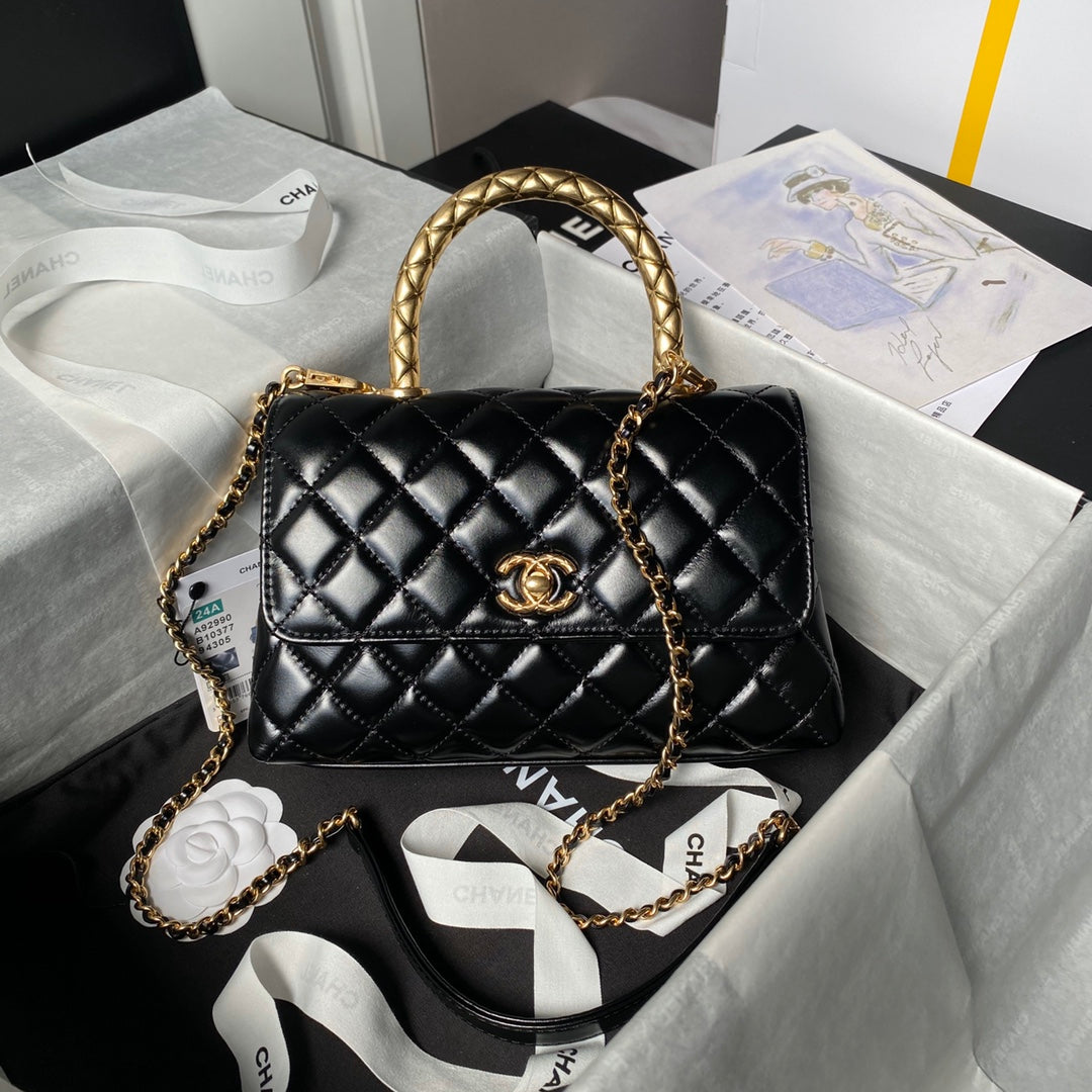 CHANEL 25S CLASSIC COCO HANDLE BAG 23 CM IN BLACK LAMBSKIN WITH GOLD HARDWARE