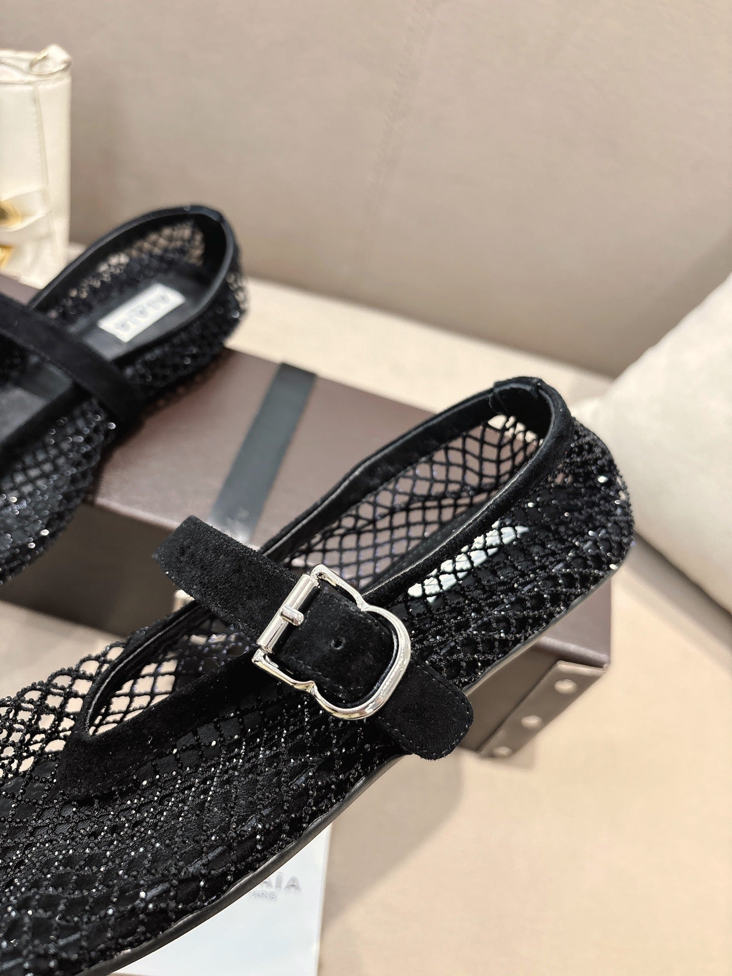ALAIA 26S MESH FLATS IN BLACK SUEDE