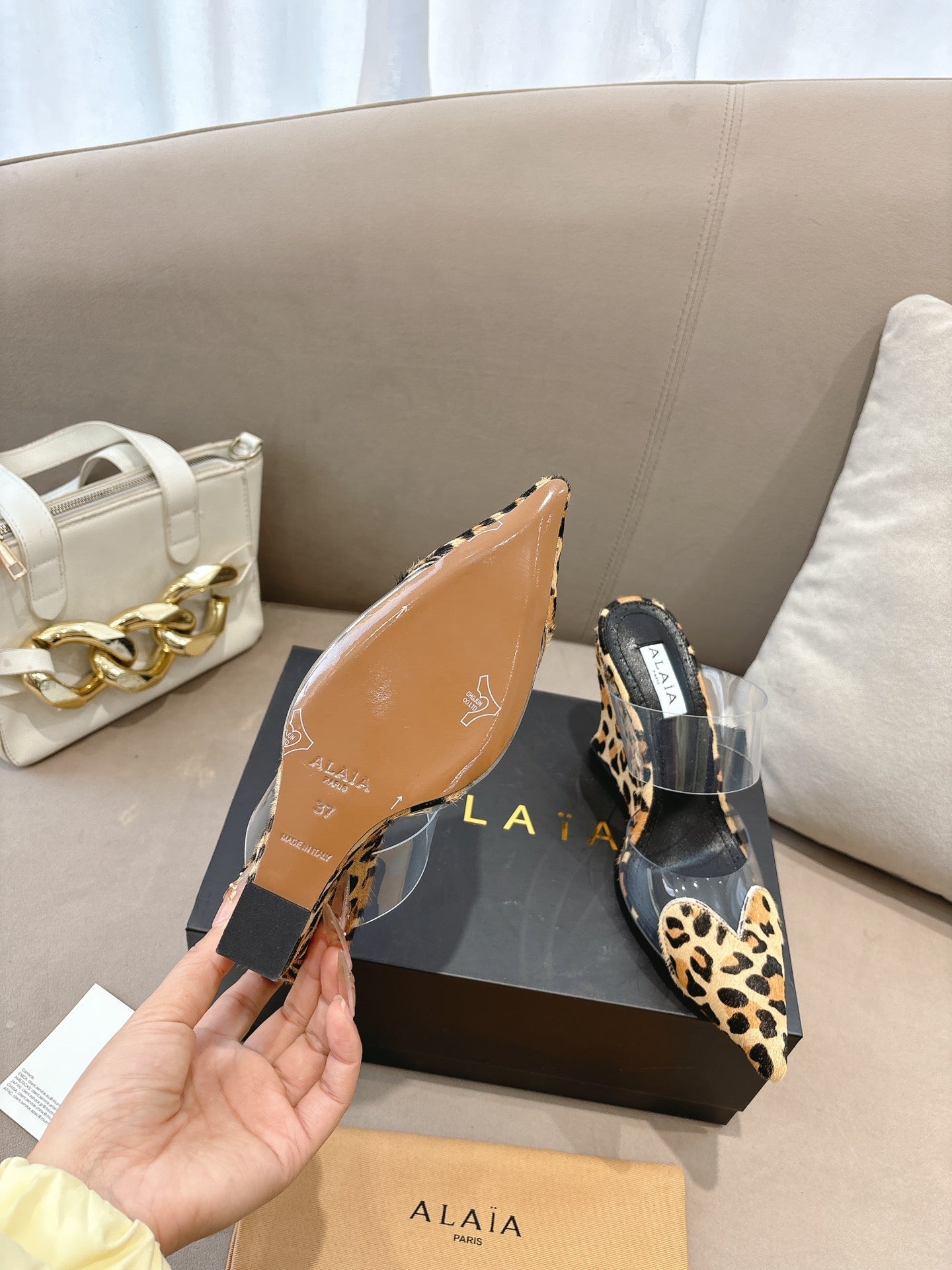 ALAIA 26S HIGH-HEEL WEDGE MULES 95 MM IN LEOPARD PRINT PONY HAIR