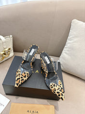 ALAIA 26S HIGH-HEEL WEDGE MULES 95 MM IN LEOPARD PRINT PONY HAIR