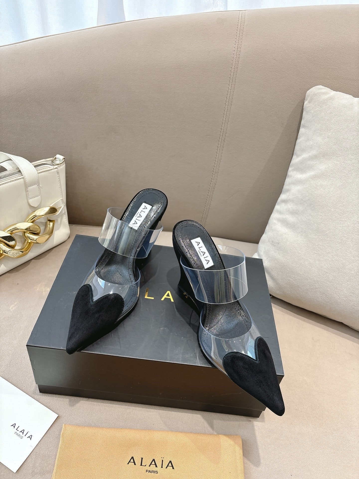 ALAIA 26S HIGH-HEEL WEDGE MULES 95 MM IN BLACK SUEDE