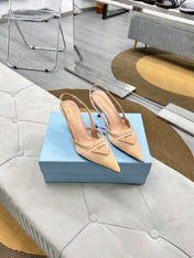 PRADA 25S TRIANGLE LOGO SLINGBACK PUMPS IN BEIGE MESH FABRIC
