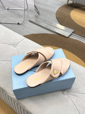 PRADA 25S SLIDE SANDALS IN BEIGE CALFSKIN LOGO