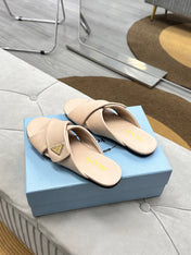 PRADA 25S SLIDE SANDALS IN BEIGE CALFSKIN LOGO