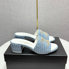 CC HIGH HEEL 25S IN SKY BLUE DENIM STRIPED PATTERN WITH LOGO PRINT