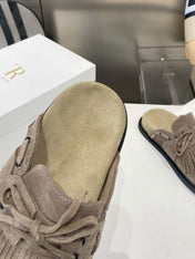 THE ROW 26S FRINGE LACE UP MULES IN TAUPE BROWN SUEDE