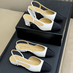 CC SLINGBACK 25S IN WHITE LAMBSKIN MIX BLACK FABRIC