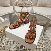 HIGH 45MM BLOCK HEEL SANDAL IN RUSSET BROWN LAMBSKIN