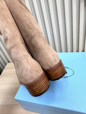 PRADA 25S LOW-CUT BOOTS IN LIGHT CARAMEL BROWN SUEDE