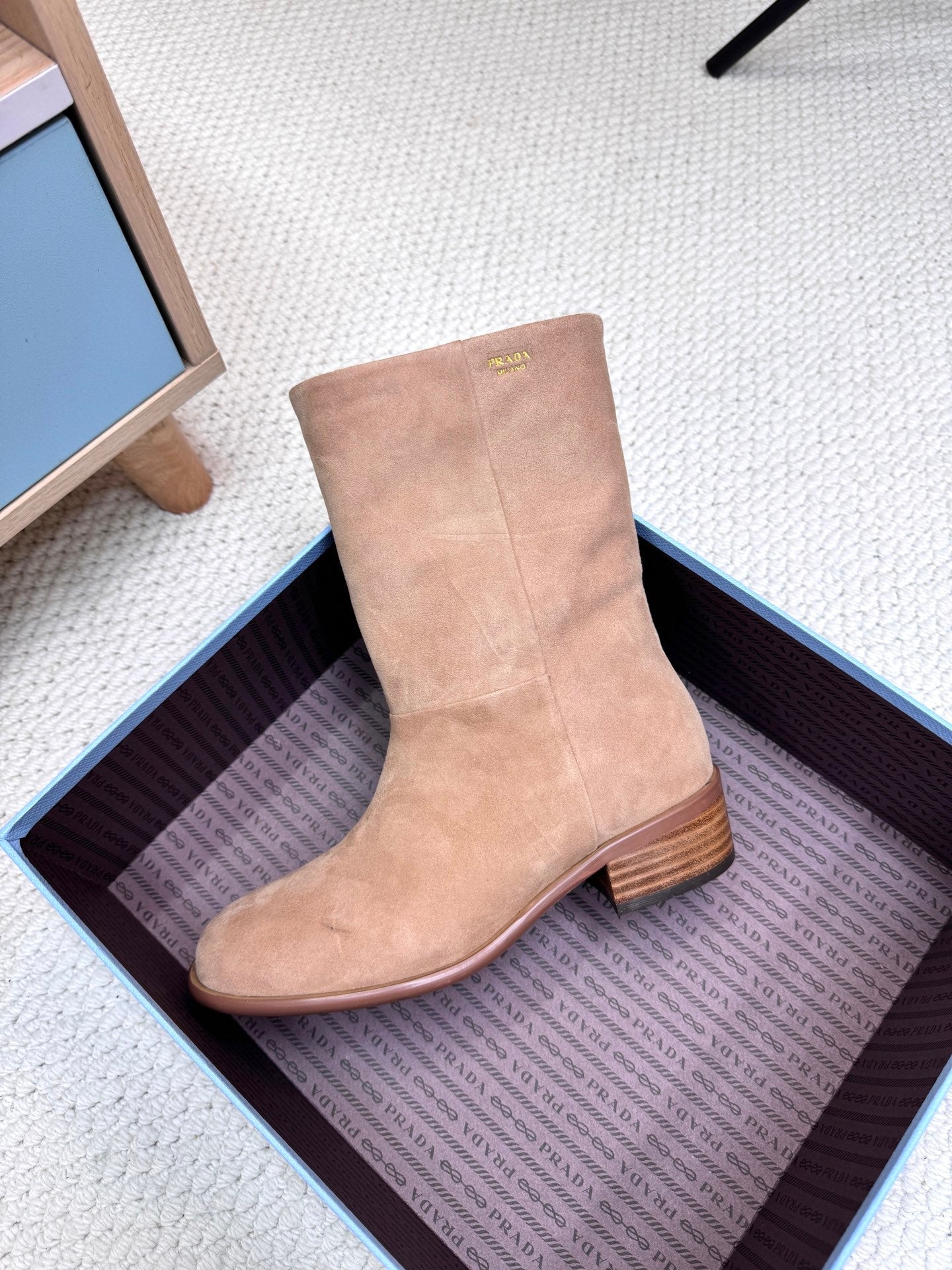 PRADA 25S LOW-CUT BOOTS IN LIGHT CARAMEL BROWN SUEDE