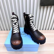 PRADA 25S MONOLITH BOOTS IN DARK BROWN CALFSKIN