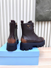 PRADA 25S MONOLITH BOOTS IN DARK BROWN CALFSKIN