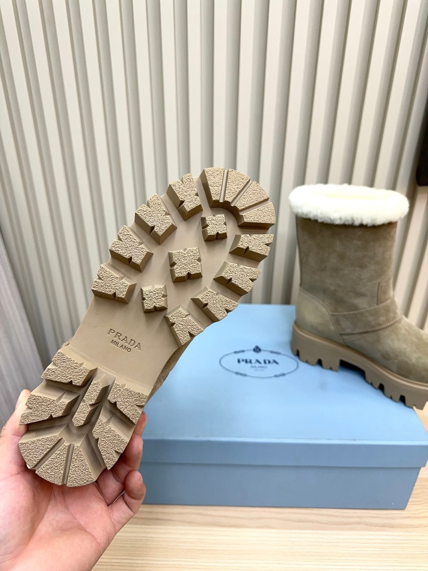 PRADA 25S MARTIN BOOTS IN BEIGE GRAY SUEDE FUR-LINED