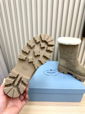 PRADA 25S MARTIN BOOTS IN BEIGE GRAY SUEDE FUR-LINED
