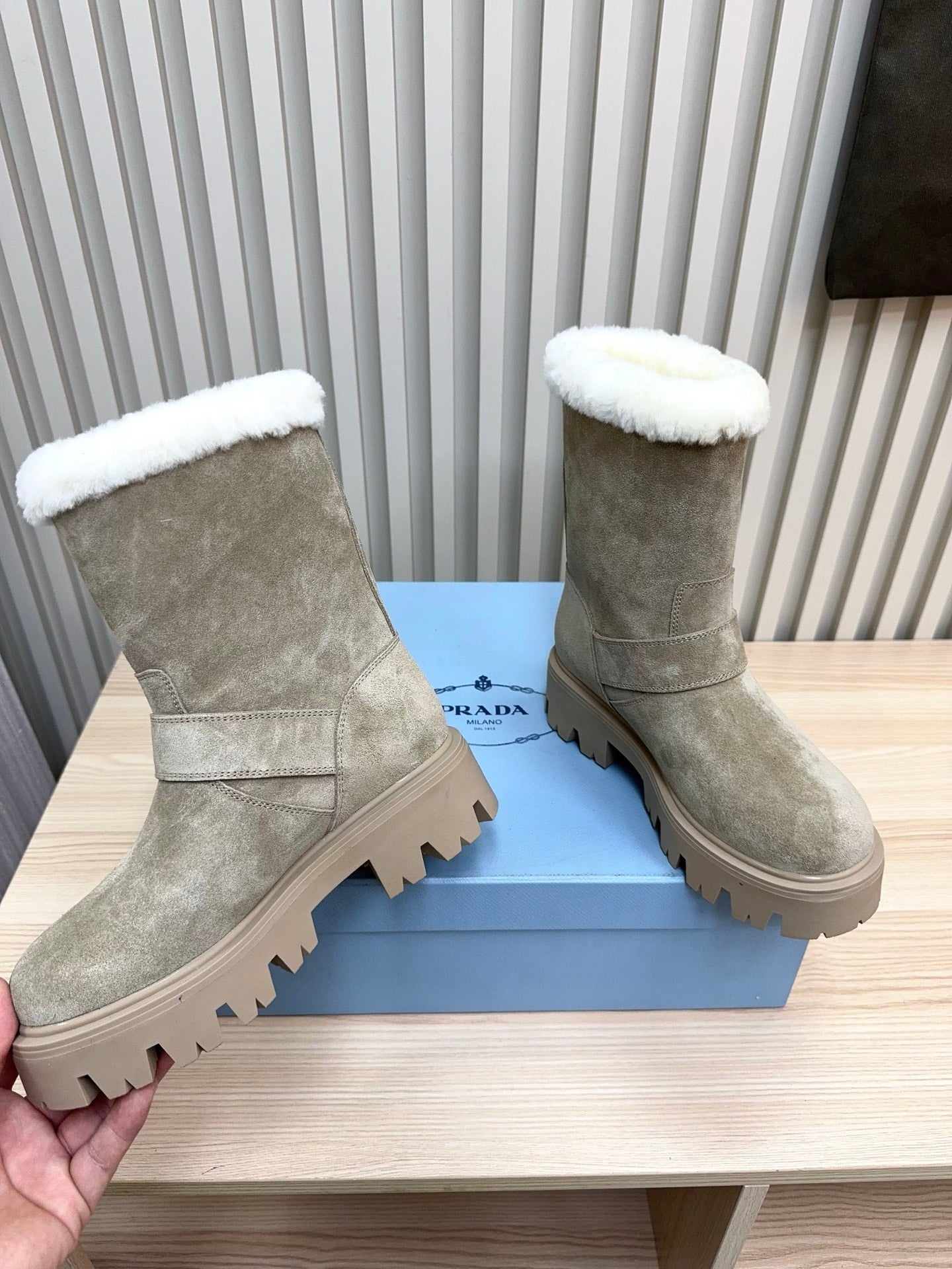 PRADA 25S MARTIN BOOTS IN BEIGE GRAY SUEDE FUR-LINED