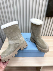 PRADA 25S MARTIN BOOTS IN BEIGE GRAY SUEDE FUR-LINED