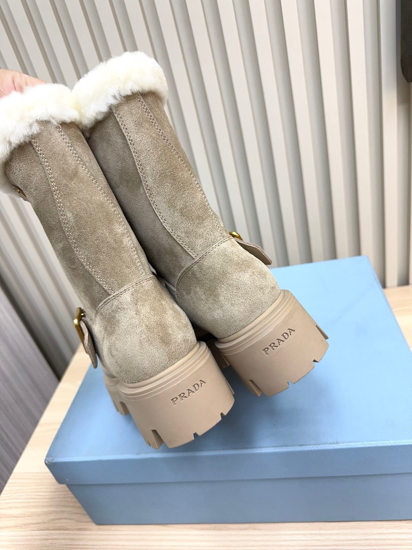 PRADA 25S MARTIN BOOTS IN BEIGE GRAY SUEDE FUR-LINED