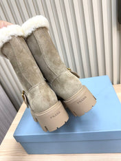 PRADA 25S MARTIN BOOTS IN BEIGE GRAY SUEDE FUR-LINED