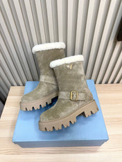 PRADA 25S MARTIN BOOTS IN BEIGE GRAY SUEDE FUR-LINED