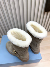 PRADA 25S MARTIN BOOTS IN BEIGE GRAY SUEDE FUR-LINED