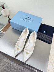 PRADA 26S POINTED TOE PUMPS 75MM IN WHITE PATENT CALFSKIN